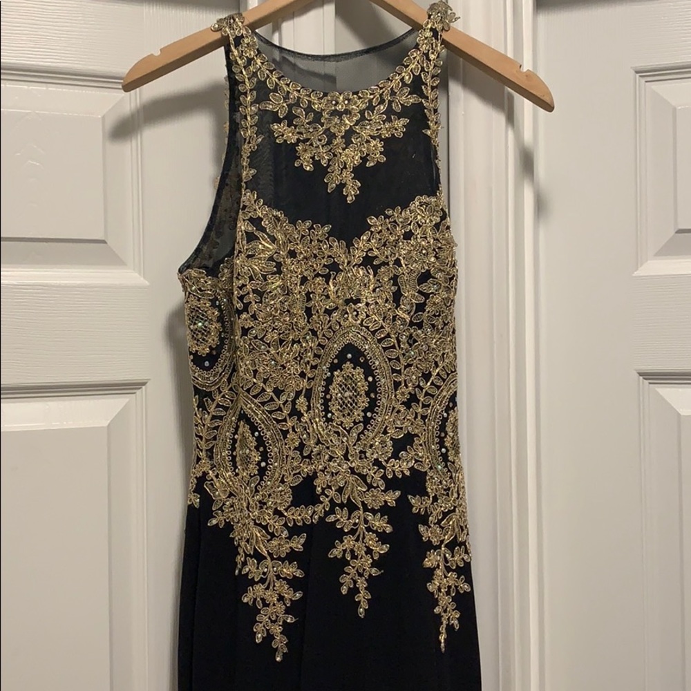 Black prom dress with gold designs